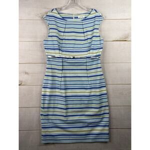 Calvin Klein Dress Sz 12 Blue Striped Sheath Silver Metallic Belt Lined Stretch